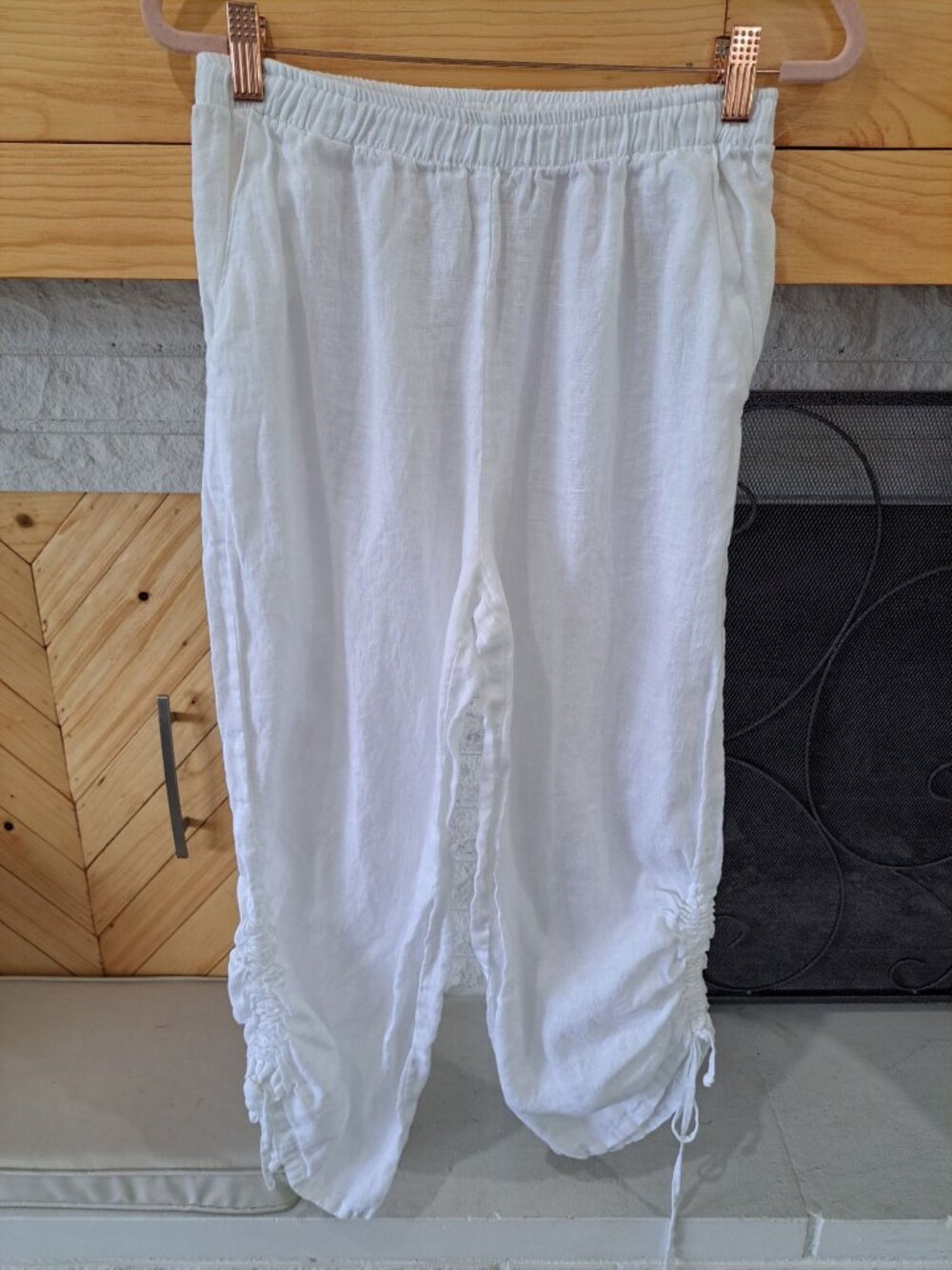 Et' Lois White Linen Drawstring Pants Ruched Hem  Elastic Pull On Waistband S